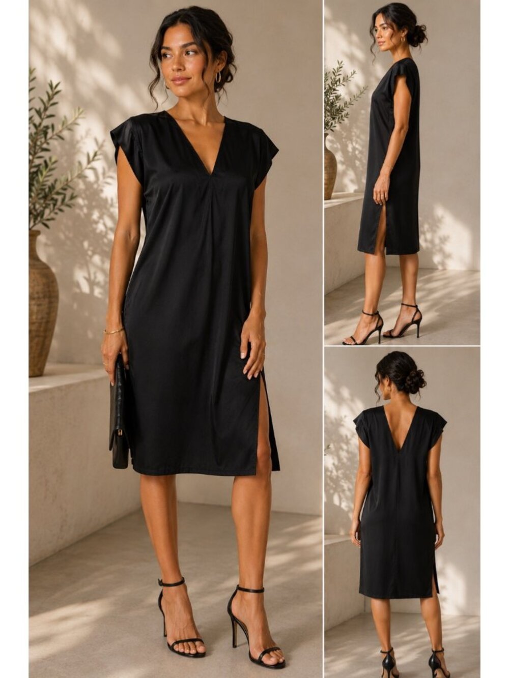 Espy 100% Silk Black Midi Dress S Made USA Deep V Neck Side Slit Minimalist